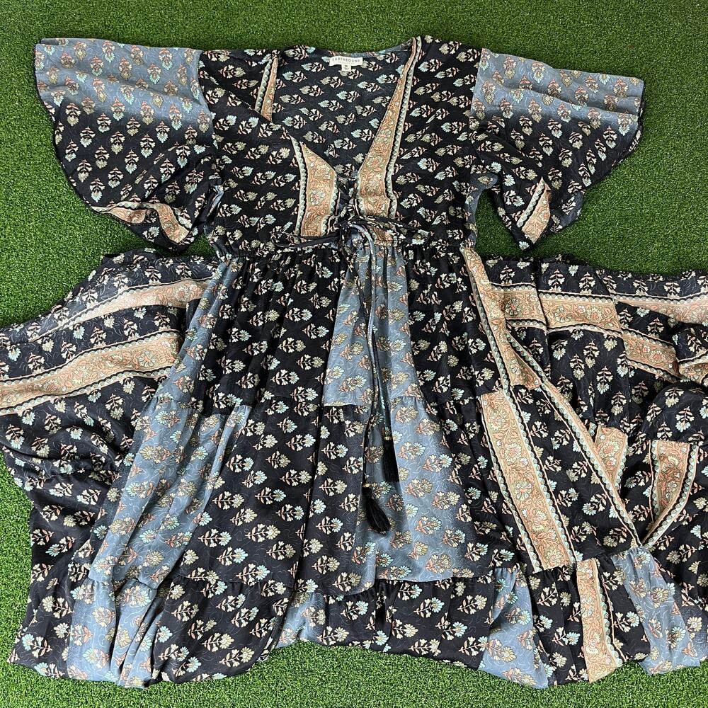 Vintage Earthbound Boho Lace Up Tiered Patchwork Maxi Dress Sz M